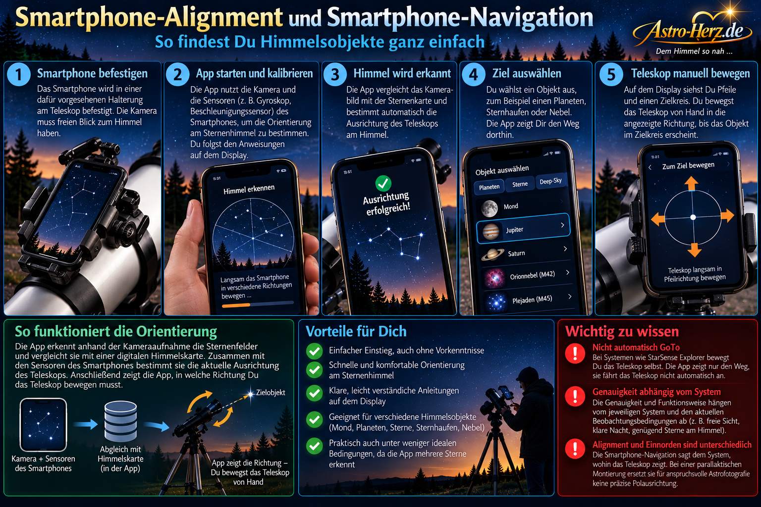 Smartphone Alignment und Smartphone Navigation am Teleskop