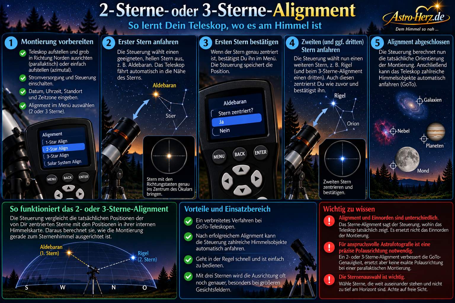 2-Sterne- und 3-Sterne-Alignment eines GoTo-Teleskops