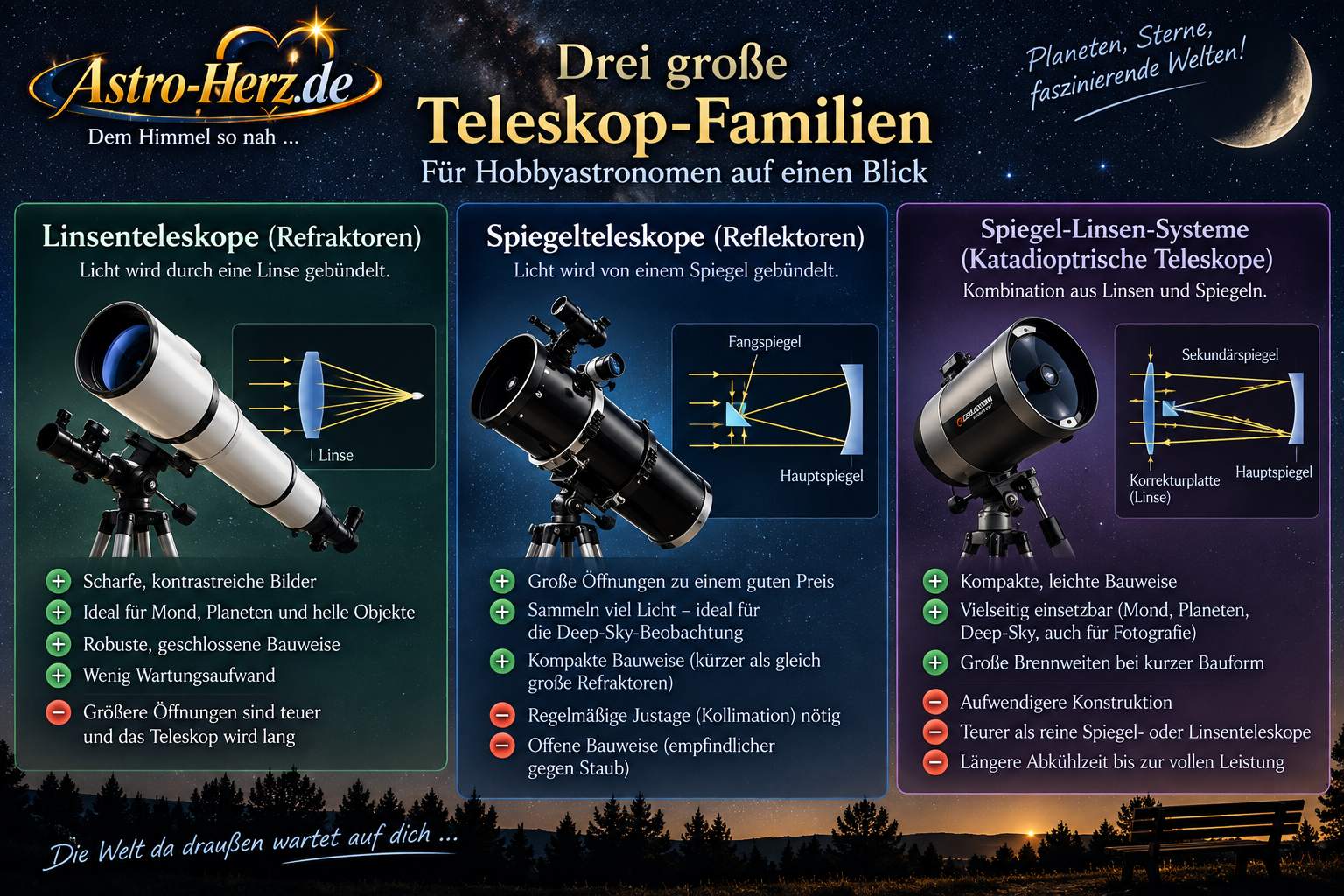 drei unterschiedliche teleskoparten
